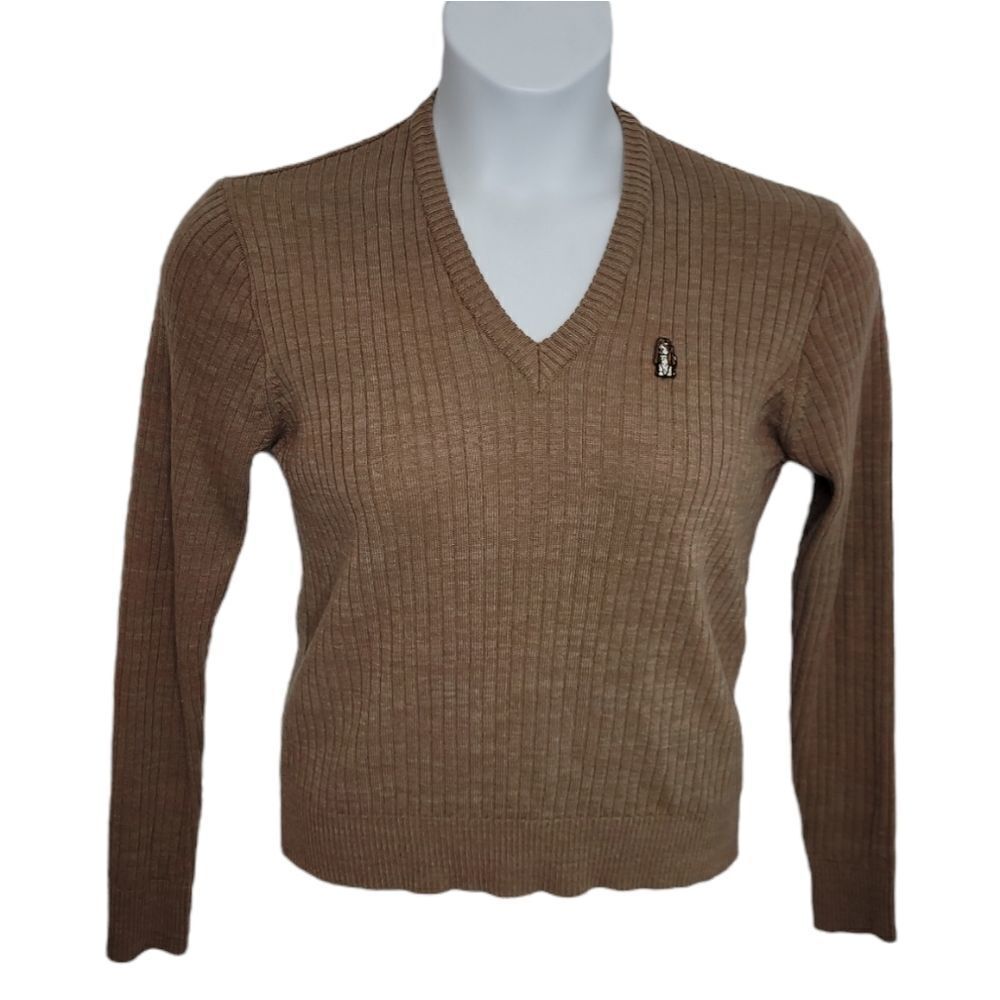 VINTAGE 70s sweater Hush Puppy ribbed v-neck brown green L‎